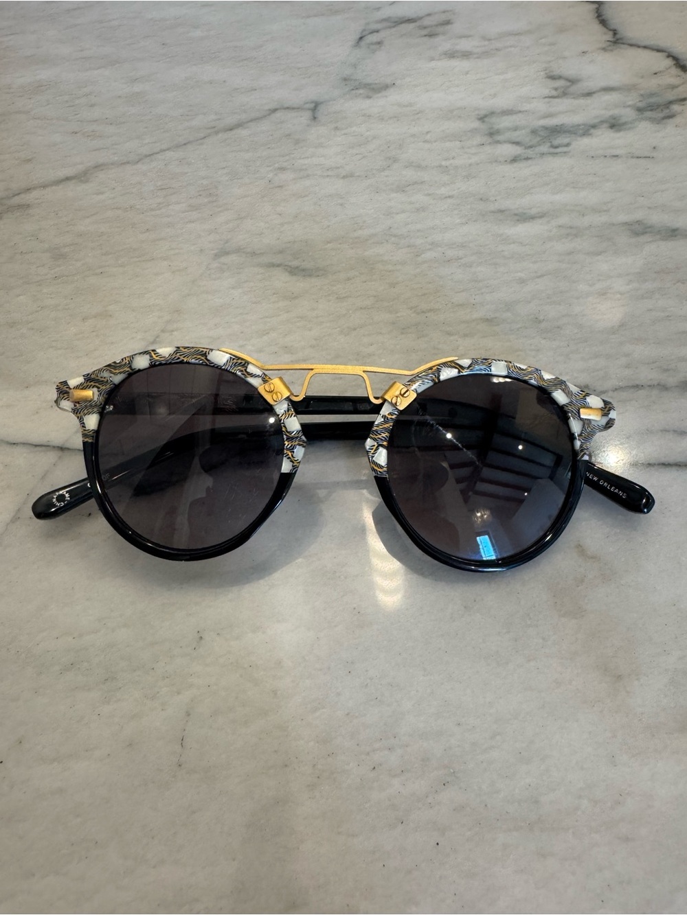 KREWE Round Sunglasses Black Gray Gold Patterned Frame